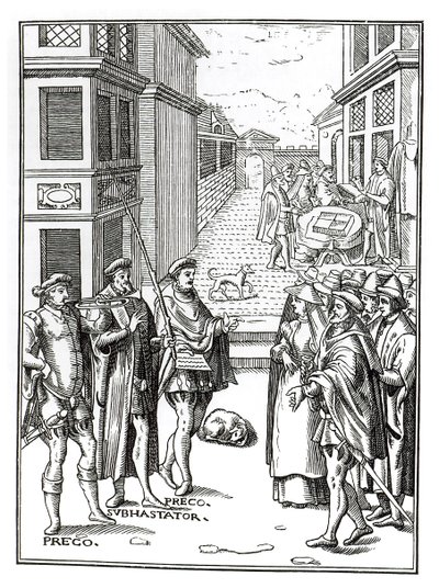 Sprzedaż przez Town Crier, według drzeworytu w Praxis Rerum Civilium Joosa de Damhoudera (1507-81) opublikowanego w Antwerpii, 1557 autorstwa Dutch School