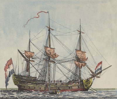 Statek Holenderskiej Kompanii Wschodnioindyjskiej (kolorowy grawerunek) autorstwa Dutch School