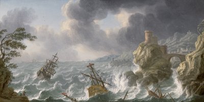 Wrak statku podczas burzy na skalistym wybrzeżu autorstwa Dutch School