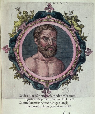Tales z Miletu (ok. 625-547 pne), ilustracja ze starożytnej i najnowszej fizyki i ikon filozofów autorstwa Johannesa Sambucusa (1531-1584), opublikowana przez Plantina w Antwerpii 1574 (kolorowe grawerowanie) autorstwa Dutch School