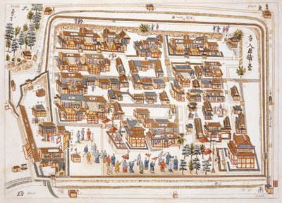 Chińska fabryka przy ulicy Teng-chan w Nangasaki, założona w 1688 r., na podstawie Illustrations of Japan autorstwa Isaaca Titsingha (ok. 1740-1812), opublikowana w Londynie, 1822 r. autorstwa Dutch School