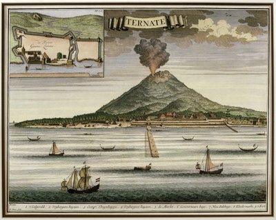 Wyspa Ternate, Moluki, Indonezja, ilustracja z Oud Nieuw Oost-Indien, 1724-26 autorstwa Dutch School