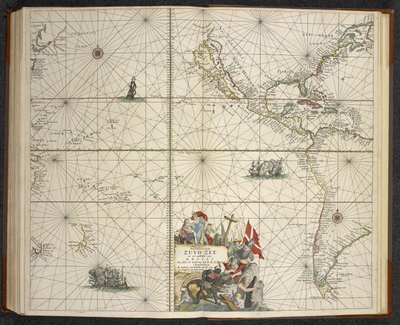Ocean Spokojny, z „Wielkiego nowego rozszerzonego atlasu morskiego lub wodnego świata. Pokazuje z westchnieniem wszystkie morskie wybrzeża ziemi...”, Claas Jansz Vooght autorstwa Dutch School