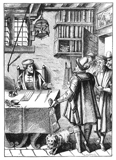 The Receiver of Taxes, według drzeworytu w Praxis Rerum Civilium Joosa de Damhoudera (1507-81) opublikowanego w Antwerpii, 1557 autorstwa Dutch School