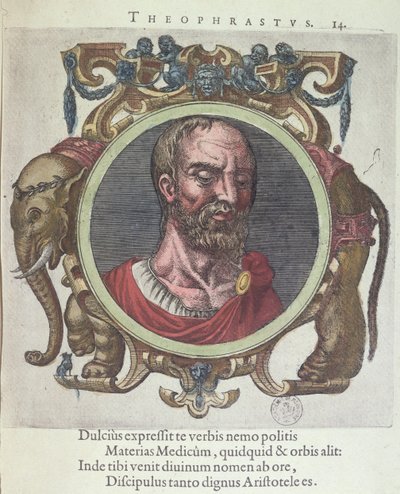 Teofrast (ok. 372-287 pne), ilustracja ze starej i niedawnej fizyki i filozofów autorstwa Johannesa Sambucusa (1531-84), opublikowana przez Plantina w Leyden 1603 (kolor grawerowany) autorstwa Dutch School