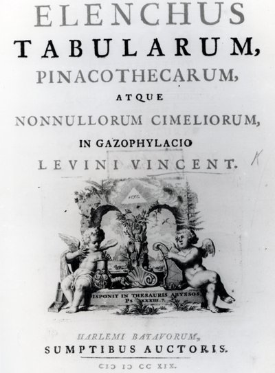 Strona tytułowa spisu tablic autorstwa Levine Vincenta, opublikowana w 1719 r. autorstwa Dutch School