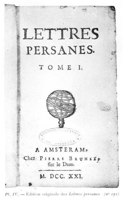 Strona tytułowa „Listów perskich” Charlesa de Montesquieu (1689-1755) 1721 autorstwa Dutch School