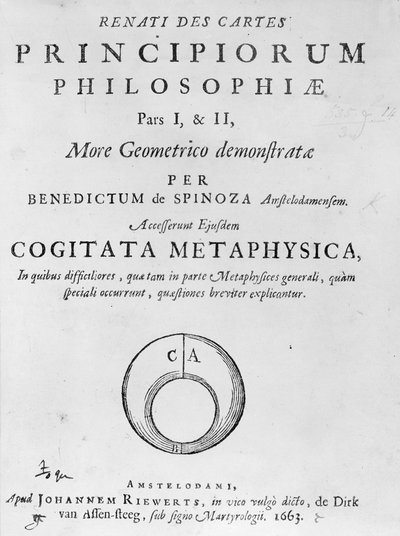Strona tytułowa do zasad filozoficznych René Kartezjusza autorstwa Barucha Spinozy, opublikowanych w 1663 r. autorstwa Dutch School
