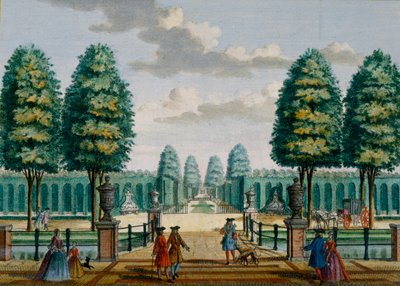 Widok z domu w kierunku bramy frontowej Meerestein z Het Zeganpralent Kennemerlant autorstwa Hendricka de Letha i Matthiasa Broueriusa Van Nidka, opublikowany ok. 1700-1730 autorstwa Dutch School
