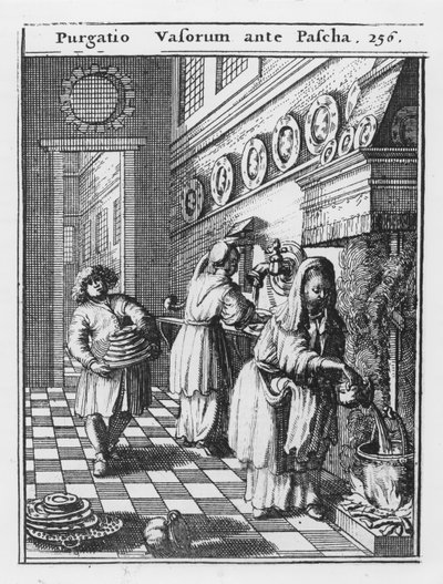 Obmywanie naczyń domowych przed Paschą (Purgatio Vasorum ante Pascha), ilustracja z "Philologus Hebraeo-Mixtus" Johannesa Leusdena, wyd. Utrecht, 1699 (rycina) autorstwa Dutch School