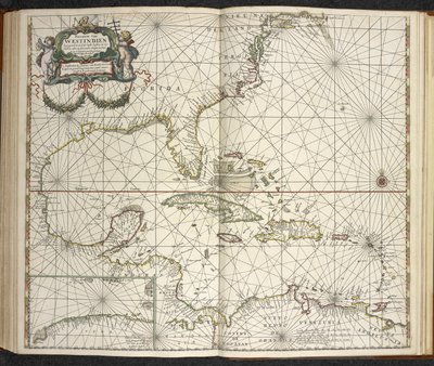 Indie Zachodnie, z „The Great New Augmented Sea Atlas or Water World. Pokazuje z westchnieniem wszystkie morskie wybrzeża ziemi...”, Claas Jansz Vooght autorstwa Dutch School