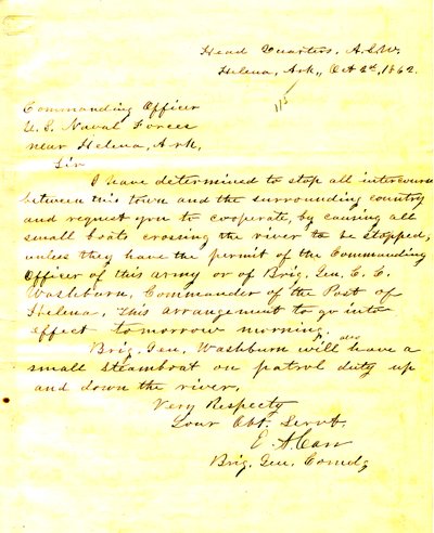 List od EA Carr, Helena, Arkansas, do dowódcy sił marynarki wojennej USA w pobliżu Heleny, Arkansas, 2 października 1862 autorstwa E.A. Carr