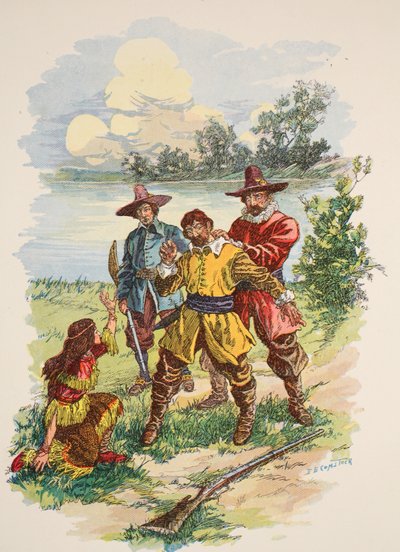 Chwycił go za tył kołnierza, ilustracja z „Pocahontas: Księżniczka lasu” Edwarda S. Ellisa, wyd. Bracia McLoughlin, Nowy Jork, ok. 1912 r. autorstwa E.B. Comstock