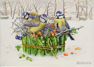 Blue Tits in Leaf Nest, 1996 (akryl na płótnie) autorstwa E.B. Watts