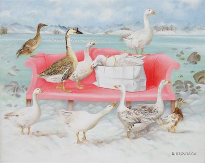 Gęsi na różowej sofie, 2000 (akryl na płótnie) autorstwa E.B. Watts