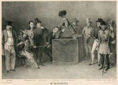 Pan Mathews: jego portrety w kilku postaciach w programie rozrywkowym Zaproszenia autorstwa E.F. Lambert