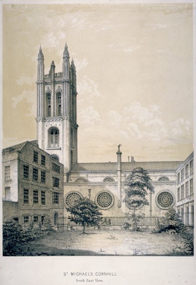 Widok południowo-wschodni kościoła św. Michała, Cornhill, City of London, 1840 autorstwa EJ Dickinson