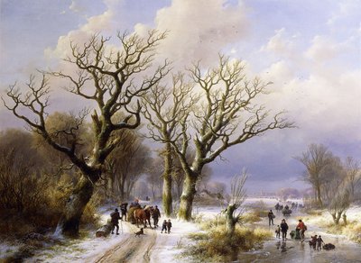 Zalesiony zimowy krajobraz z postaciami, 1863 autorstwa E.J. Verboeckhoven