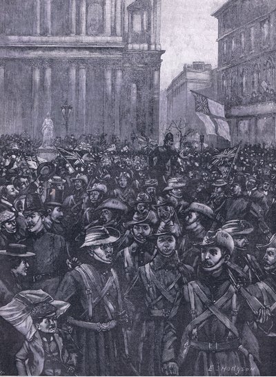 CIV maszerujące w dół Ludgate Hill, w drodze do Mansion House do Waterloo Station, ilustracja z Cassells History of England, 1900 autorstwa E.S. Hodgson