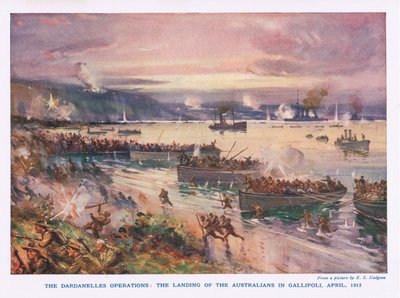 Operacje dardanelskie: Lądowanie Australijczyków w Gallipoli, kwiecień 1915 r. autorstwa E.S. Hodgson