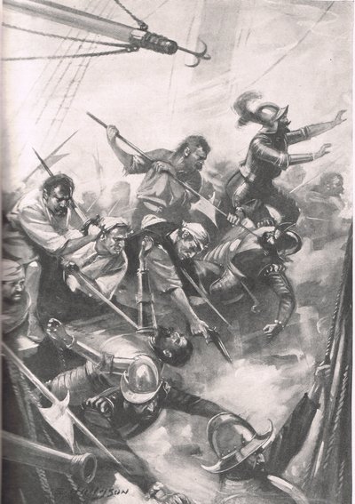 The English Repelling the Spaniards w San Juan de Ulua, ilustracja z „British Battles on Land and Sea”, wydanej przez Cassell, Londyn, ok. 1915 autorstwa E.S. Hodgson