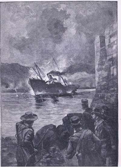 Wojna hiszpańsko-amerykańska: zatonięcie Merrimaka, ilustracja z Cassells History of England, 1900 autorstwa E.S. Hodgson