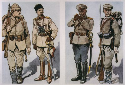 Turecki piechota i oficer (po lewej) i bułgarski oficer piechoty i żołnierz piechoty z 1917 (po prawej) z 1917 (kolor lito) autorstwa E. (after) Dobrich