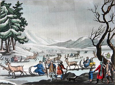 Tungus opuszcza obóz zimowy na saniach ciągniętych przez renifery, ok. 1820 r. (kolorowe grawerowanie) autorstwa E. (after) Karnejeff