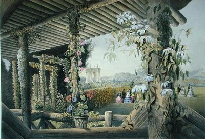 Widok z rustykalnego siedzenia, Shrublands, z „Ogrodów Anglii”, opublikowany 1857 (kolor lito) autorstwa E. Adveno Brooke