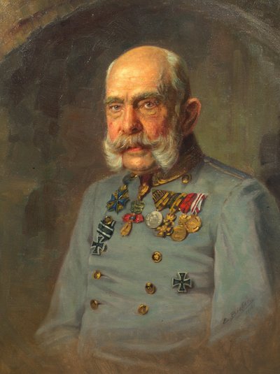 Cesarz Franciszek Józef I w mundurze służbowym austriackiego feldmarszałka autorstwa E. Bieber