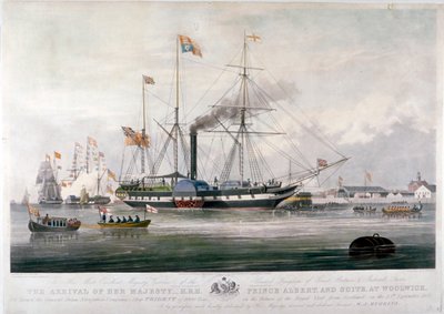 Królowa Wiktoria i Książę Albert przybywają do Królewskiej Stoczni, Woolwich, Kent, 1843 autorstwa E Duncan