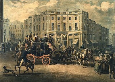 „The Age” Brighton Trener w Bull and Mouth, Regent Circus (grawerowanie) autorstwa E. F. Lambert
