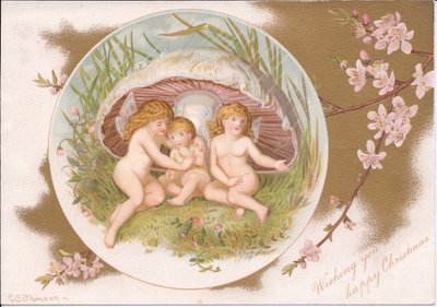 Wiktoriańskie Boże Narodzenie grupy wróżek chroniących się przed deszczem pod muchomorem, Gertrude Thompson, ok. 1895 (kolor lito) autorstwa E. Gertrude Thompson