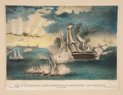 Amerykańska fregata Filadelfia na skałach u wybrzeży Trypolisu (z US Military Magazine Army and Navy, tom II) autorstwa E. J. Pinkerton