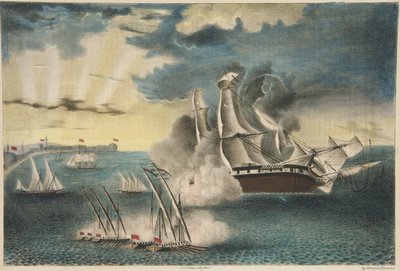 Amerykańska fregata Philadelphia na skałach niedaleko Trypolisu z magazynu Army and Navy, wyd. 1840 (litografia kolorowa) autorstwa E. J. Pinkerton