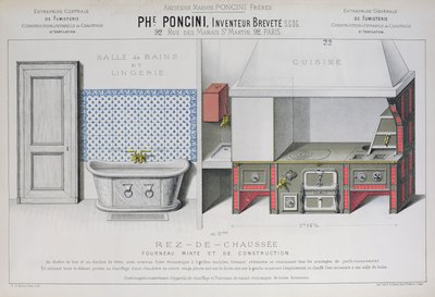 Projekty kuchni i łazienek, ilustracja z katalogu „Poncini”, koniec XIX w. (kolor lito) autorstwa E. Le Baron