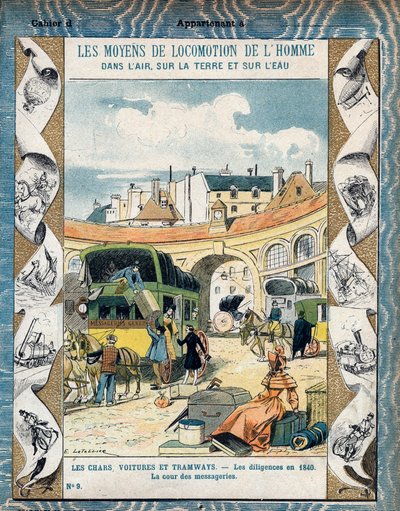 Diligence en 1840 - la cour des messageries - Dyliżans z 1840 r. - Z rękawa ochronnego na podręczniki szkolne, koniec XIX wieku - ilustracja E. Letellier - Protege notebook historique, płetwa XIX wiek - autorstwa E. Letellier