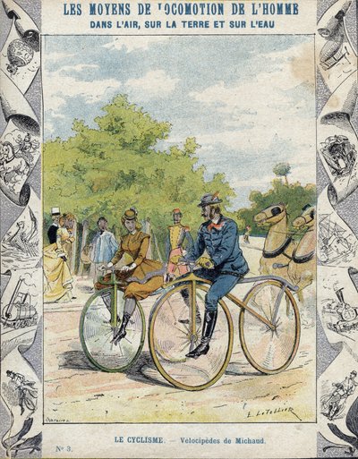 Pierre Michaux i Michaudine velocipedes - Z rękawa ochronnego na podręczniki szkolne, koniec XIX wieku - velocipedes a pedale (les michaudines) autorstwa Pierre Michaux (1813-1883) autorstwa E. Letellier