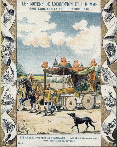 Czołgi w średniowieczu - Chatelaine en voyage - ilustracja E Letellier - Chroni zeszyt historyczny, koniec XIX wieku autorstwa E. Letellier