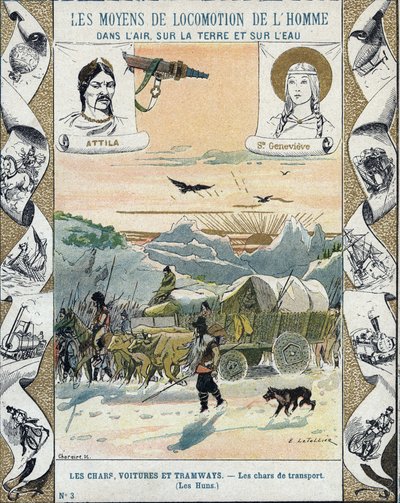Czołgi transportowe - Hunowie Attyli (ok. 395-453) - Inwazje barbarzyńców - ilustracja E Letellier - Chroni zeszyt historyczny, koniec XIX wieku - autorstwa E. Letellier