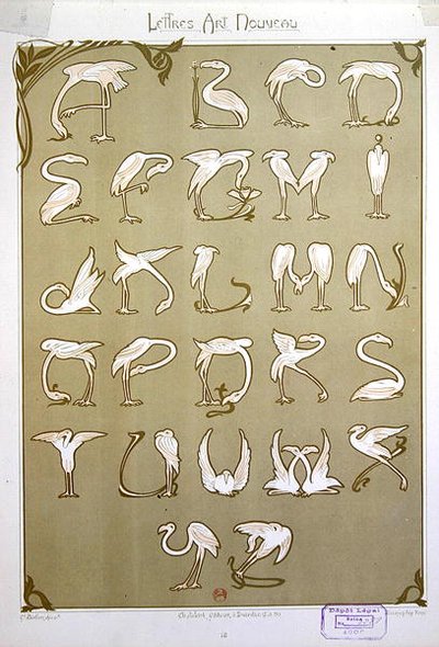 Alfabet „Art Nouveau” z motywem Różowych Flamingów autorstwa E. Mulier