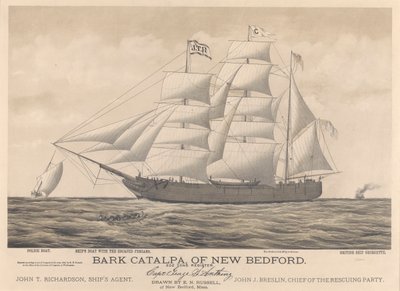 Bark Catalpa z New Bedford, łódź policyjna, łódź stoczniowa i brytyjski statek Georgette autorstwa E. N. Russell