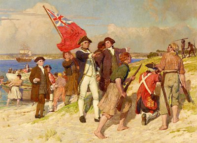 Lądowanie porucznika Jamesa Cooka w Botany Bay, 29 kwietnia 1770 r. (obraz autorstwa E. Phillipsa Foxa) autorstwa E. Phillips Fox
