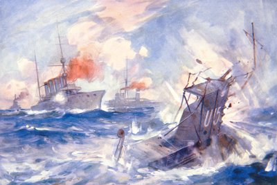 Zatopienie niemieckiego okrętu podwodnego U15 przez HMS Birmingham (litografia kolorowa) autorstwa E. S. (after) Hodgson