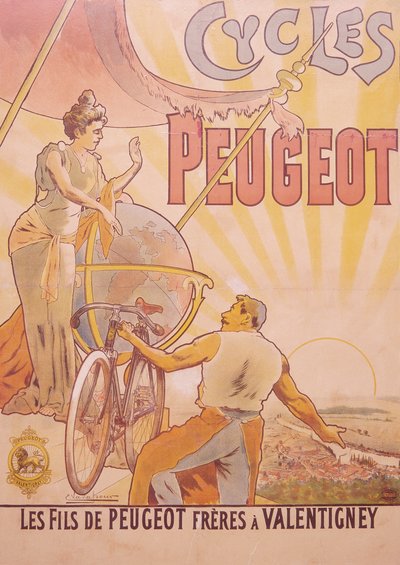 Plakat reklamujący rowery Peugeot, koniec XIX-początek XX wieku autorstwa E Vavasseur