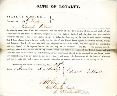 Przysięga lojalności Edwarda Villmera z Missouri, hrabstwo St. Louis autorstwa E. Villmer