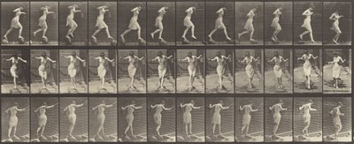 Numer rejestracyjny 175. Przeprawa przez strumyk na pomostach z wędką i puszką, 1887 r. autorstwa Eadweard Muybridge