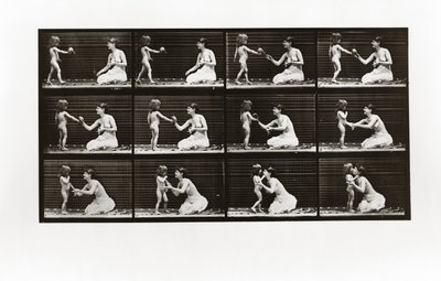 Dziecko niosące bukiet kobiecie, Tablica 465 z Animal Locomotion, 1887 autorstwa Eadweard Muybridge