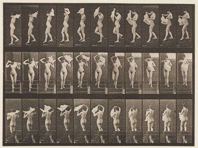 Płyta 133. Zstępujące schody, zarzucanie chusteczki na ramiona, 1872-1885 autorstwa Eadweard Muybridge
