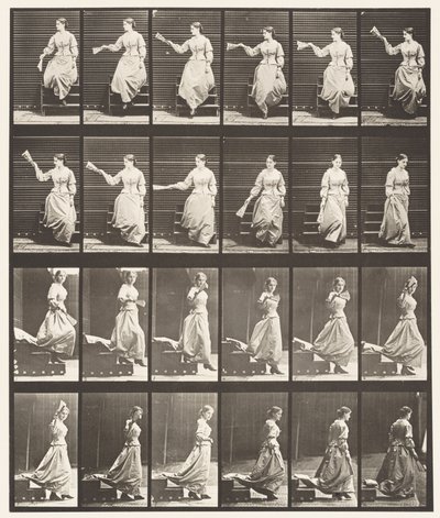 Płyta 140. Zstępujące schody, rozglądając się i machający wachlarzem autorstwa Eadweard Muybridge